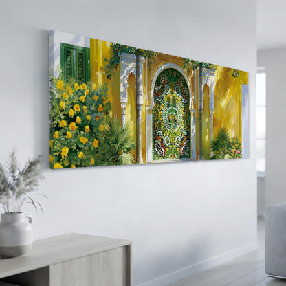 a large, colorful painting of a yellow building with a green door and archway, surrounded by yellow flowers and green plants.