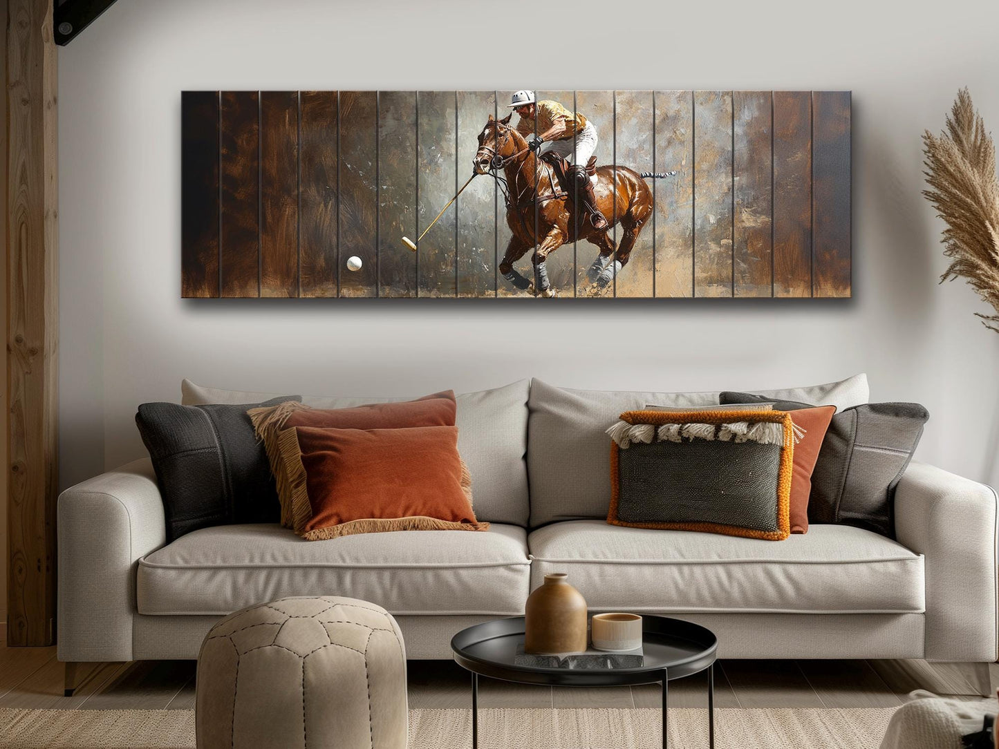 Abstract Polo Painting On Natural Wood – Outdoor Sports Wall Art
