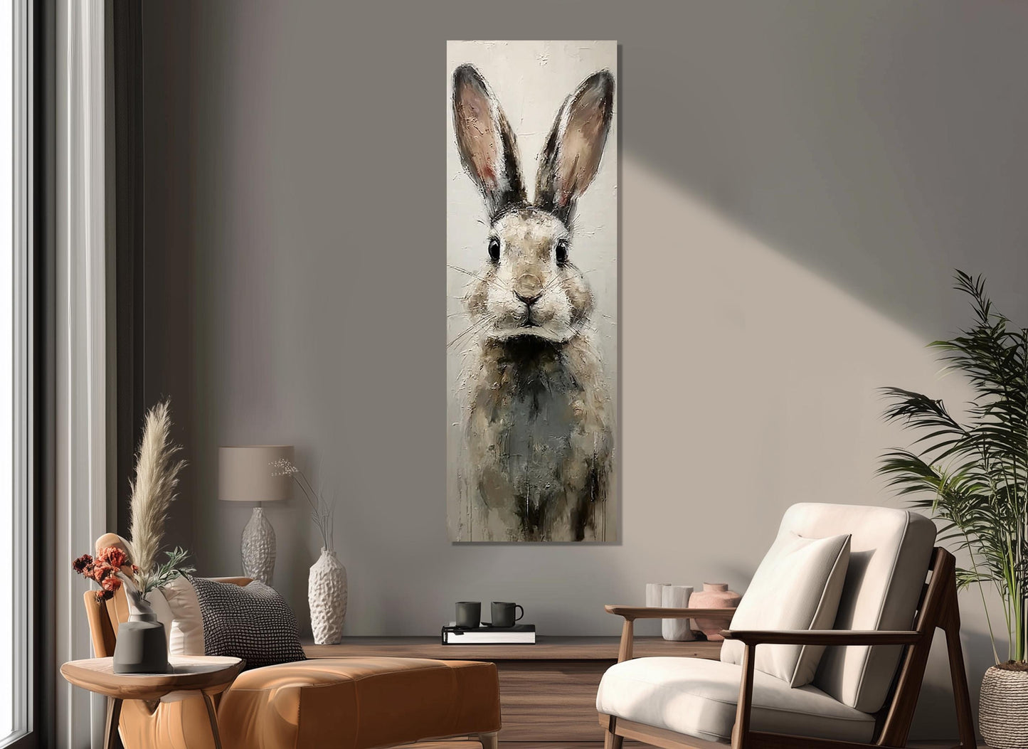 Rabbit Canvas Print - Beige Gray Rabbit Art | Rustic Wall Art Framed & Ready to Hang