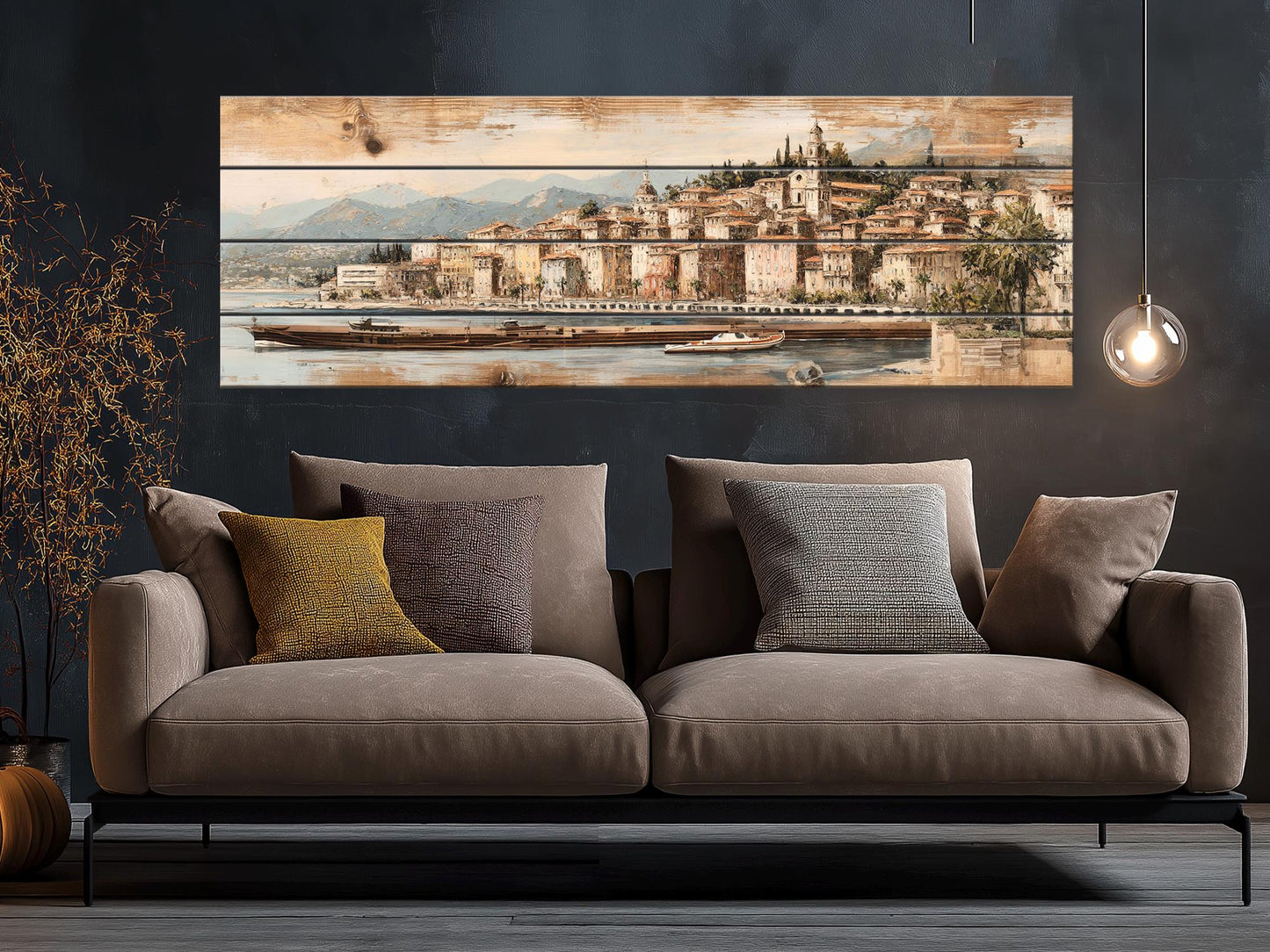 French Riviera Wood Print – Rustic Wall Art With Beige Pastel Painting On Distressed Wood