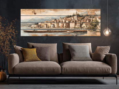 French Riviera Wood Print – Rustic Wall Art With Beige Pastel Painting On Distressed Wood