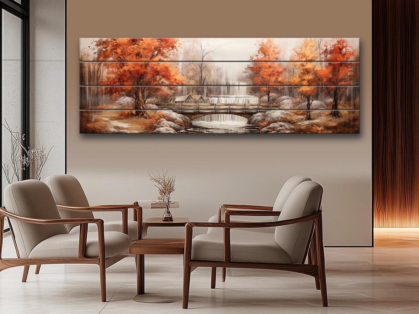 Rustic Autumn Wall Art - Wooden Waterfall Painting On Natural Wood Panel