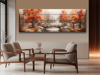 Rustic Autumn Wall Art - Wooden Waterfall Painting On Natural Wood Panel