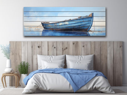 Rustic Blue Boat Art – Natural Wood Wall Art | Coastal Decor, Ready to Hang