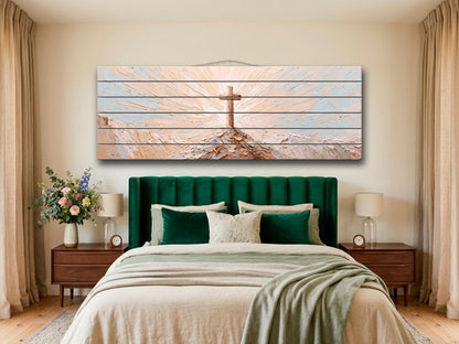 Wooden Cross on Mountain Peak Wood Print Wall Art, Religious Wall Decor
