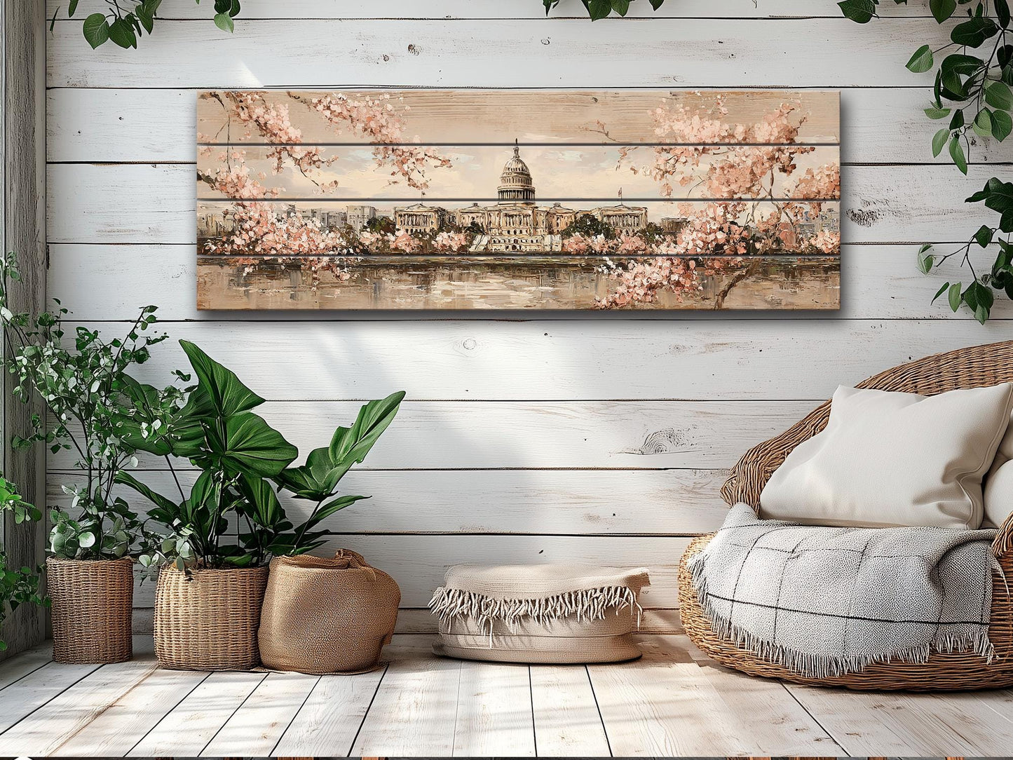 Washington DC Wood Print – Rustic Cityscape Wall Art With Capitol Cherry Blossoms