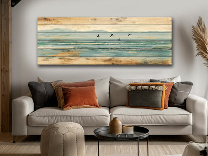 Coastal Wood Art – Pelican Wall Print on Natural Linden Wood, Rustic Beach Decoration