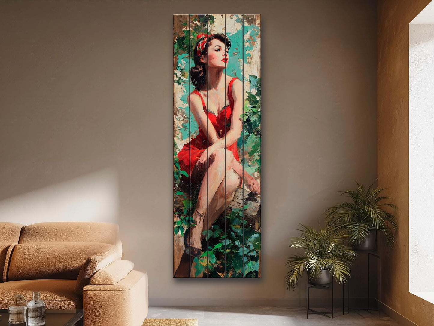 Pin Up Wood Print - Vintage Wall Art on Rustic Wood Plank with Forest Scene