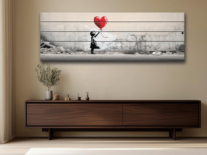 Wood Wall Art – Banksy Style Balloon Girl Poster | Rustic Wood Panel Decor
