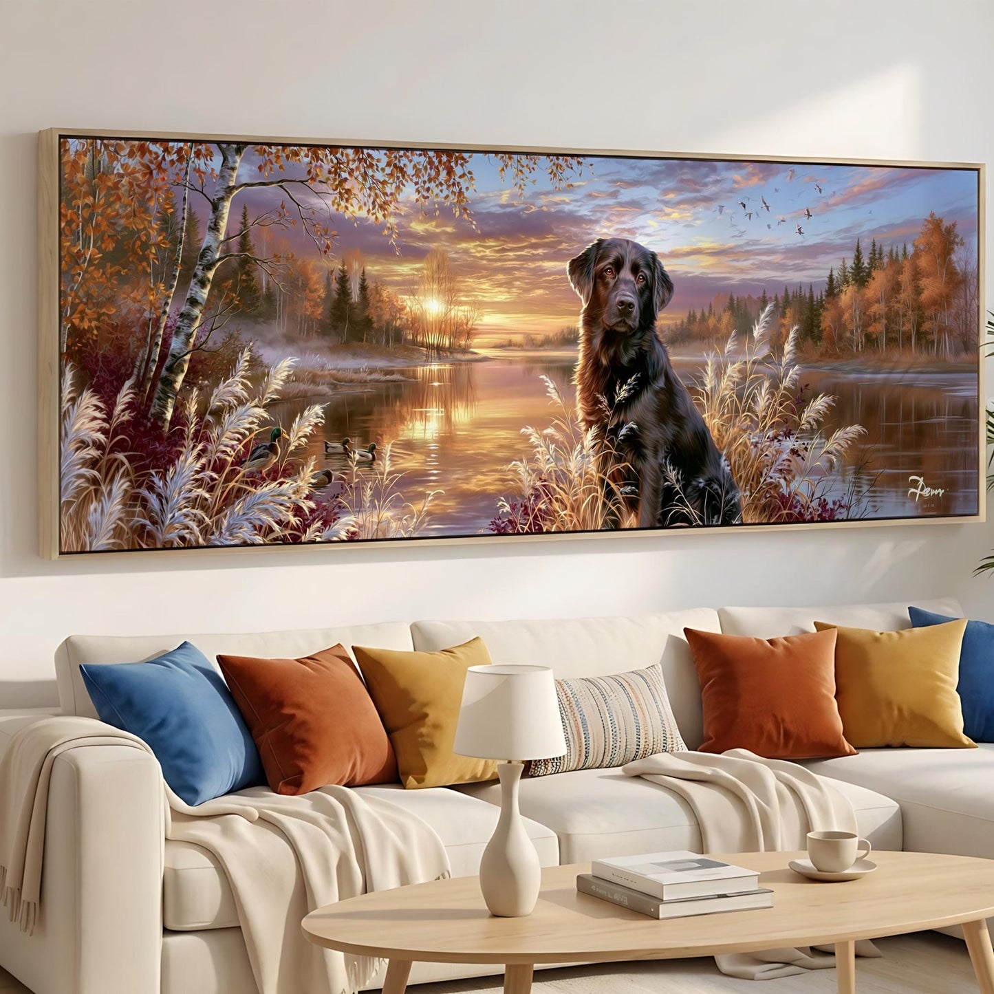 A large painting of a black dog sitting in a field with a sunset in the background, hanging on a wall above a white couch with colorful throw pillows.