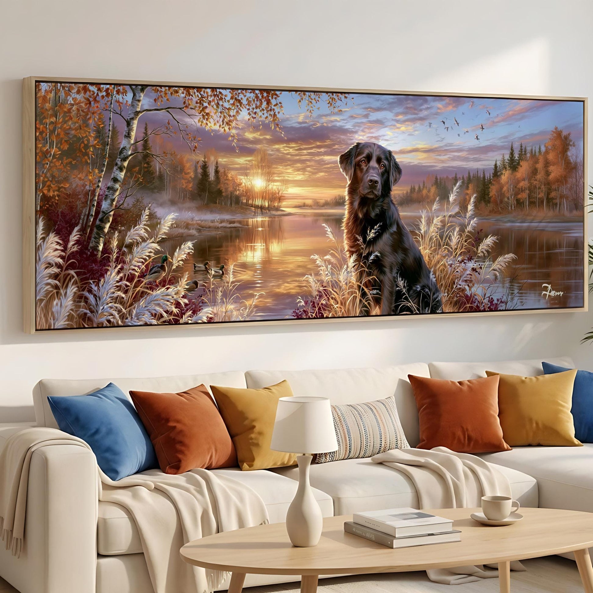 A large painting of a black dog sitting in a field with a sunset in the background, hanging on a wall above a white couch with colorful throw pillows.