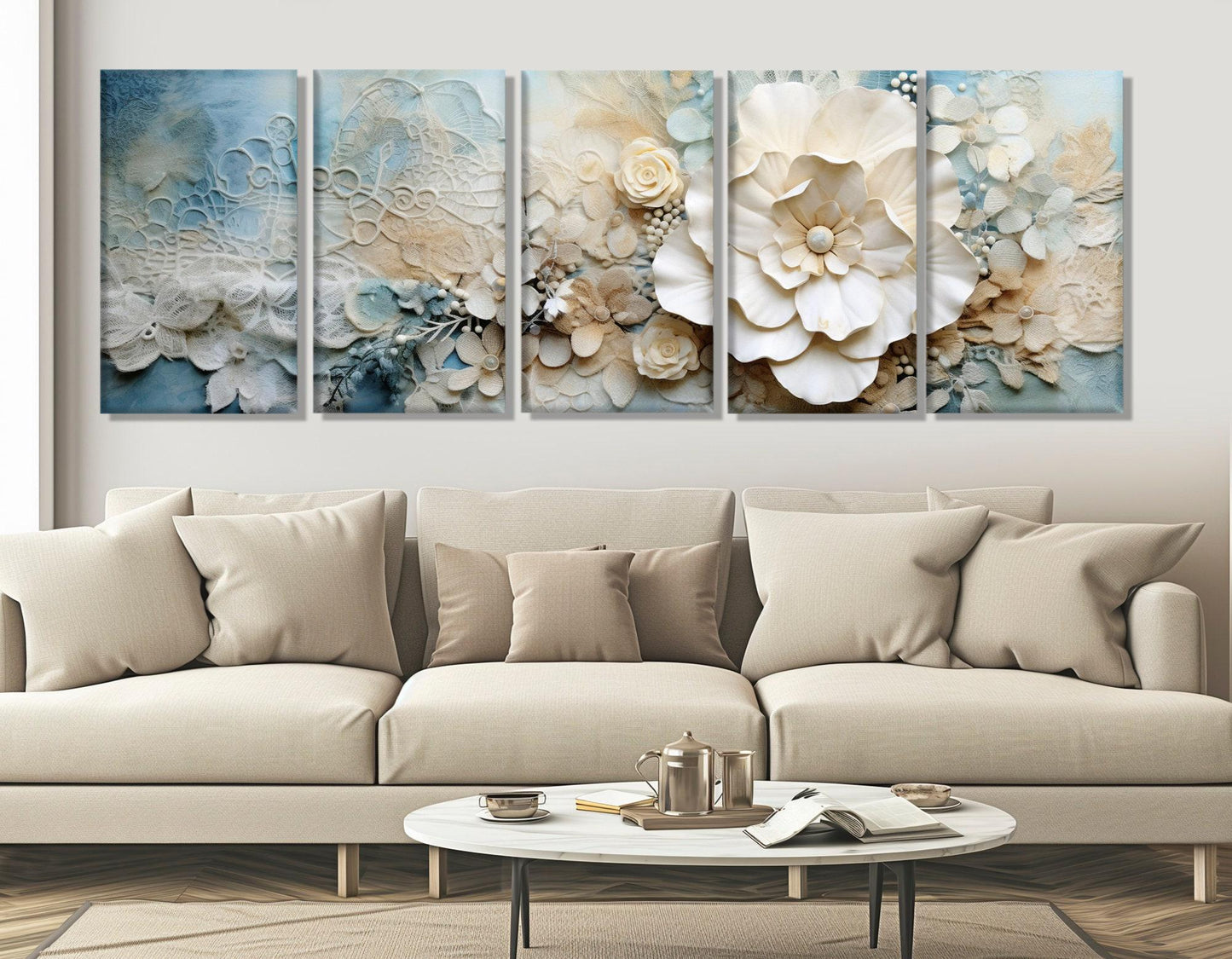 Floral Canvas Print – Soft Tones Blue Damask Embroidered Doily Art, Framed & Ready to Hang