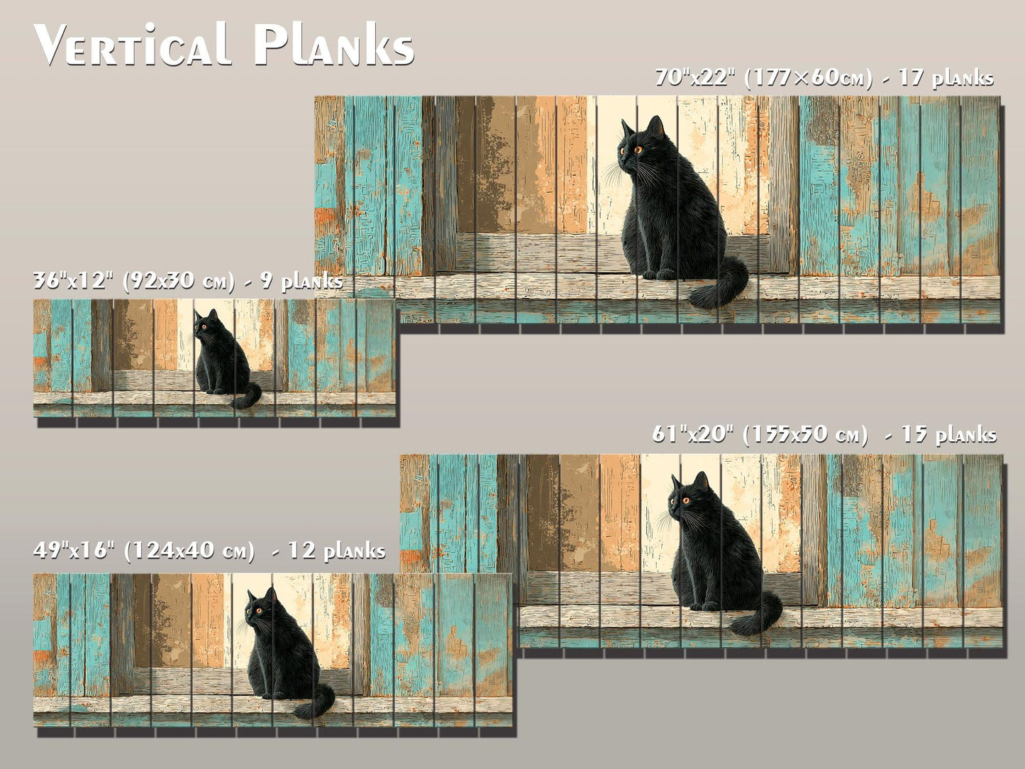 Black Cat Wood Art – Rustic Wood Print | Cozy Beige Aqua Wall Decor