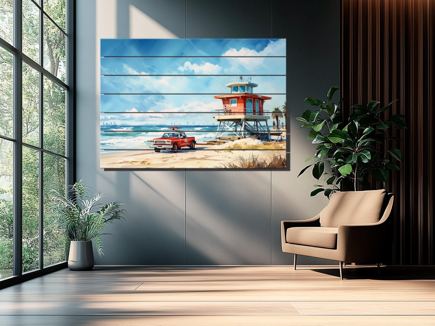 Lifeguard Tower Painting - Natural Wood Wall Art | Scenic Beach Cabin Decor