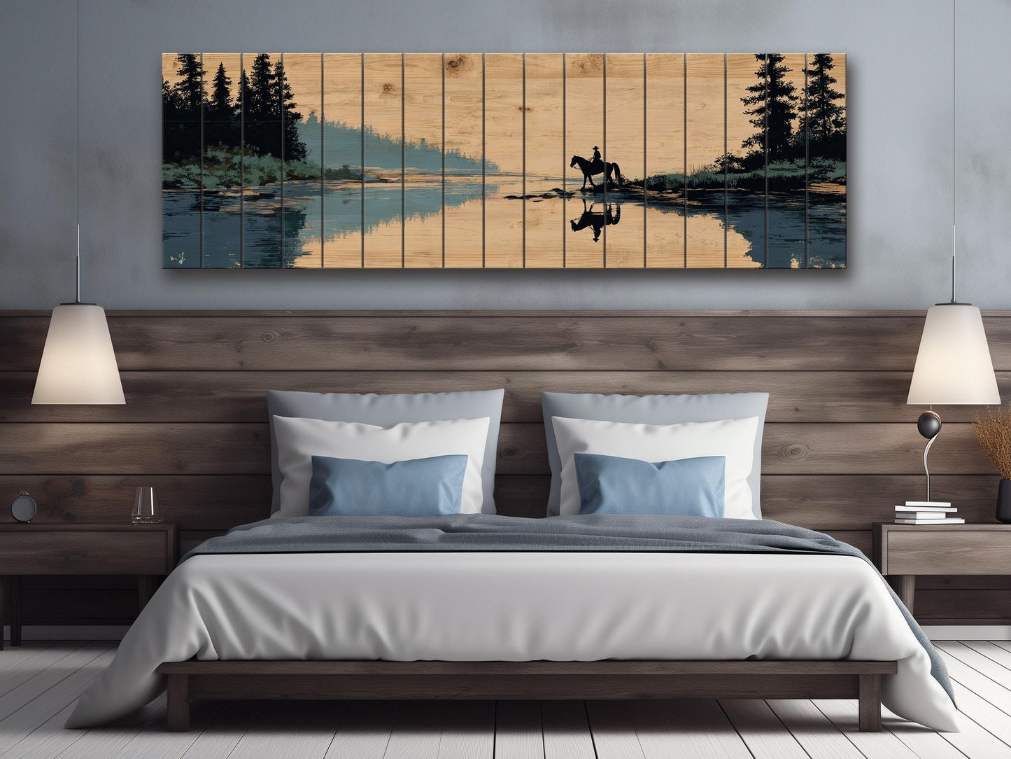 Horse and Rider Wood Print – Rustic River Wall Art with Natural Wood Texture