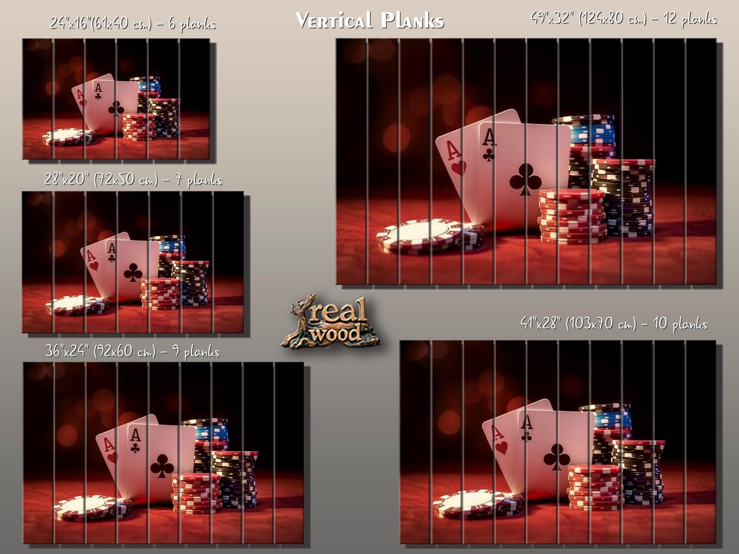 Poker Chips Wall Art – Rustic Wood Print | Casino Game Artwork on Wood Planks