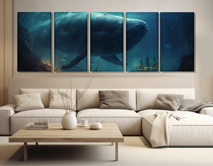 Abstract Whale Canvas Print, Large Underwater Wall Art, Framed and Ready to Hang