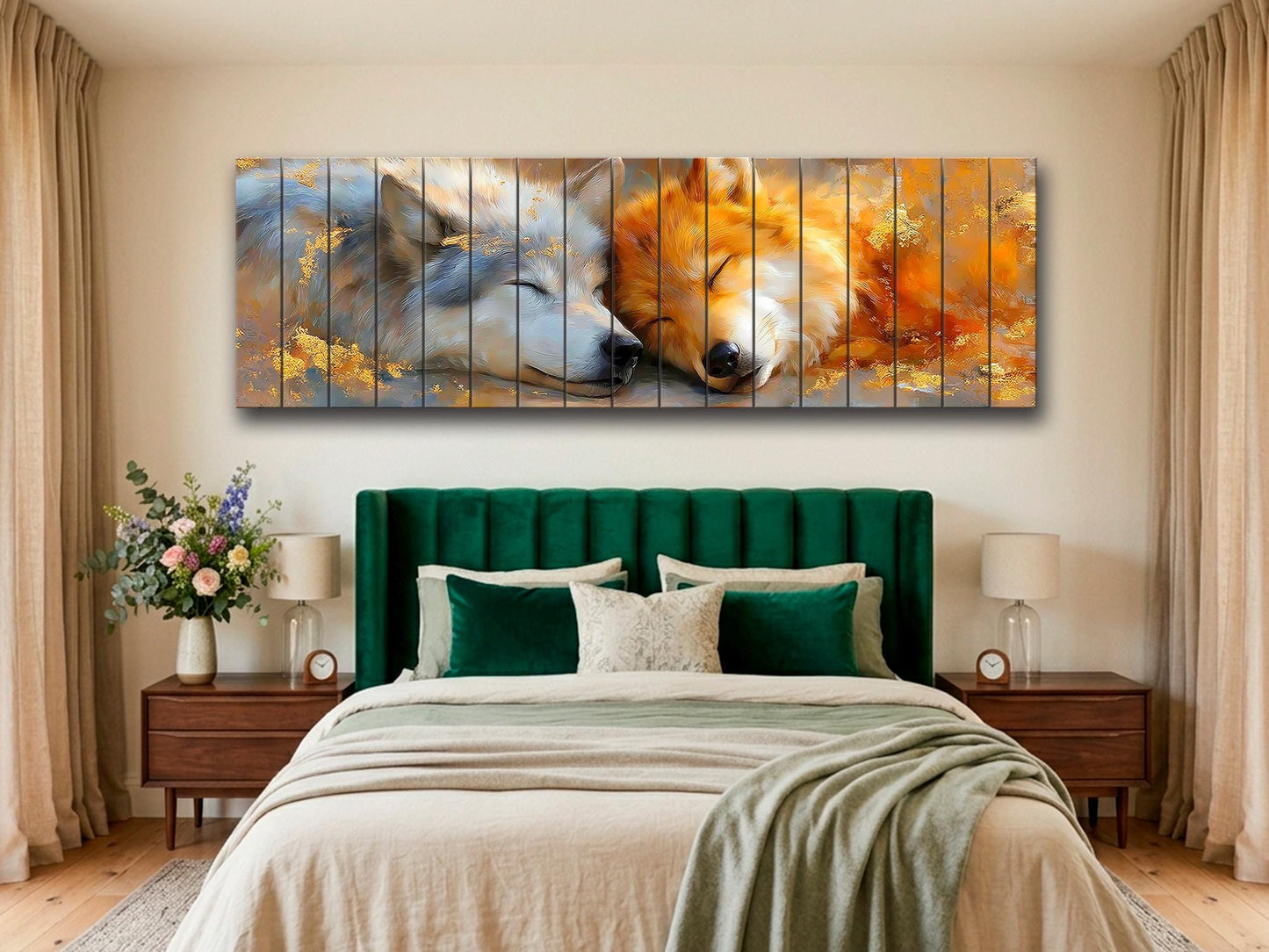 Sleeping Wolf Couple Print on Wood, Romantic Wildlife Wall Art