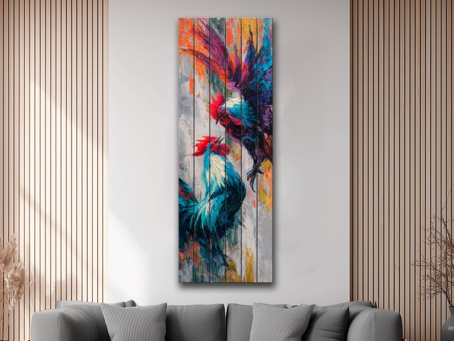 Cockfight Wall Art - Rustic Wood Decor | Vibrant Farm Scene & Bold Impasto Painting