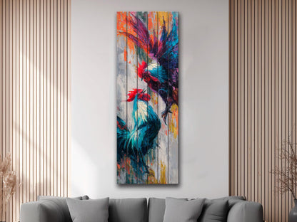 Cockfight Wall Art - Rustic Wood Decor | Vibrant Farm Scene & Bold Impasto Painting