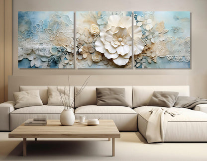 Floral Canvas Print – Soft Tones Blue Damask Embroidered Doily Art, Framed & Ready to Hang