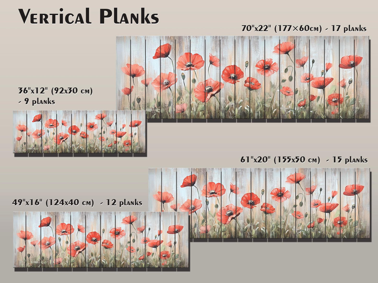 Wood Wall Art – Whimsical Field of Wild Poppies Dancing in the Breeze, Poppies Wall Art, Rustic Floral Wall Decor