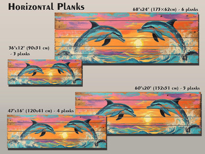 Playful Dolphins Jumping at Sunset Print on Natural Wood, Dolphins Wall Art, Wood Wall Art, Dolphins Painting, Romantic Bedroom Wall Decor