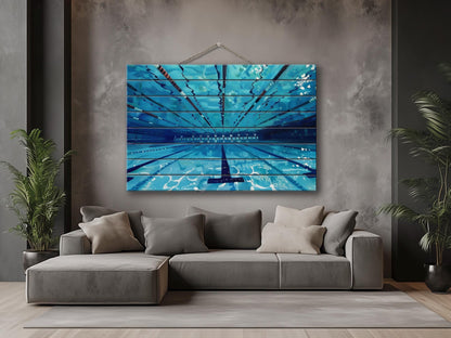 Swimming Pool Print on Natural Wood, Swimming Wall Art, Swimmer Gift, Abstract Swimming Pool Painting, Water Sports Wall Art, Wood Wall Art