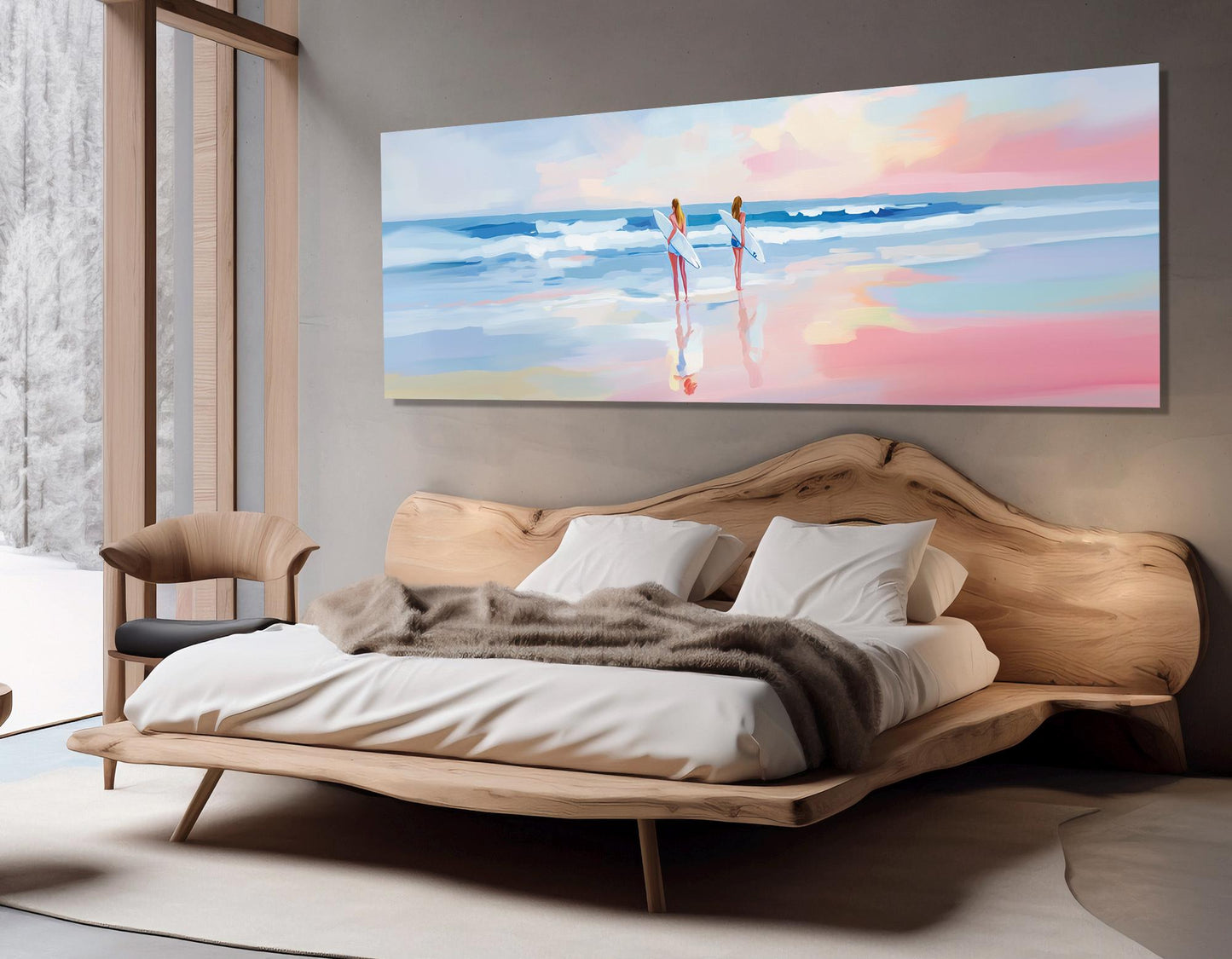 Surfer Girls Canvas Print – Large Pink Sunset Beach Canvas Decor | Ready to Hang