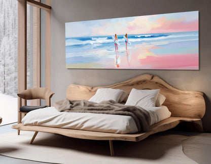 Surfer Girls Canvas Print – Large Pink Sunset Beach Canvas Decor | Ready to Hang