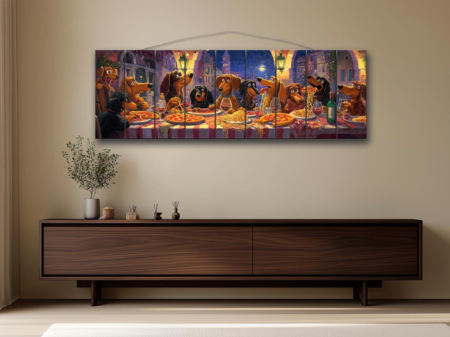 Dachshund Pizza Art – Rustic Wood Wall Art With Playful Dog Party Painting