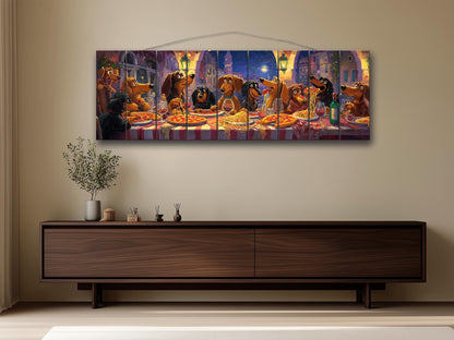 Dachshund Pizza Art – Rustic Wood Wall Art With Playful Dog Party Painting