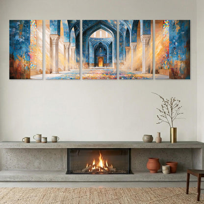 a modern living room with a fireplace, a large painting of an ornate, colorful archway above it, and various decorative elements such as vases and a potted plant.
