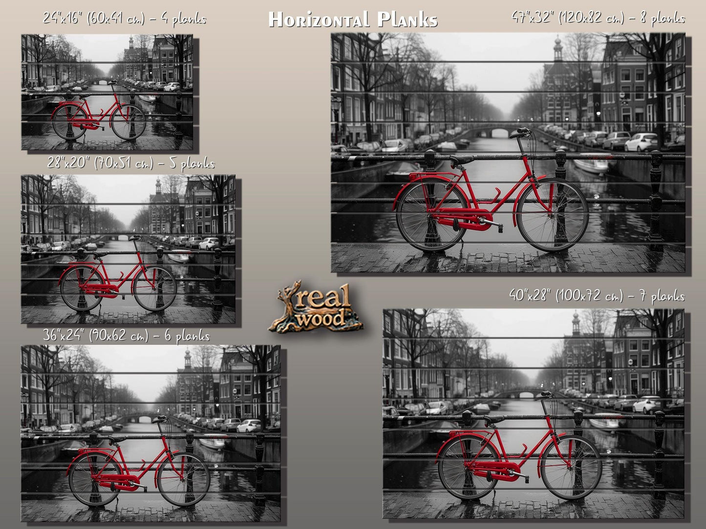 Wood Wall Art - Red Bicycle in Amsterdam Print on Wood, Netherlands Wall Art, Black and White Amsterdam Wood Print, Rustic Amsterdam Art