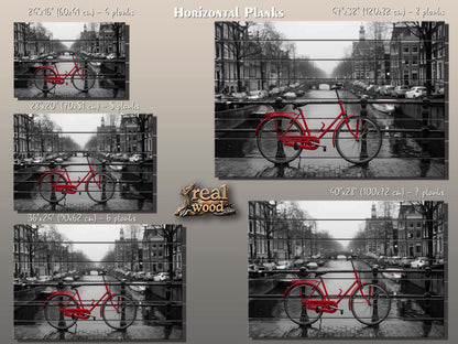 Wood Wall Art - Red Bicycle in Amsterdam Print on Wood, Netherlands Wall Art, Black and White Amsterdam Wood Print, Rustic Amsterdam Art