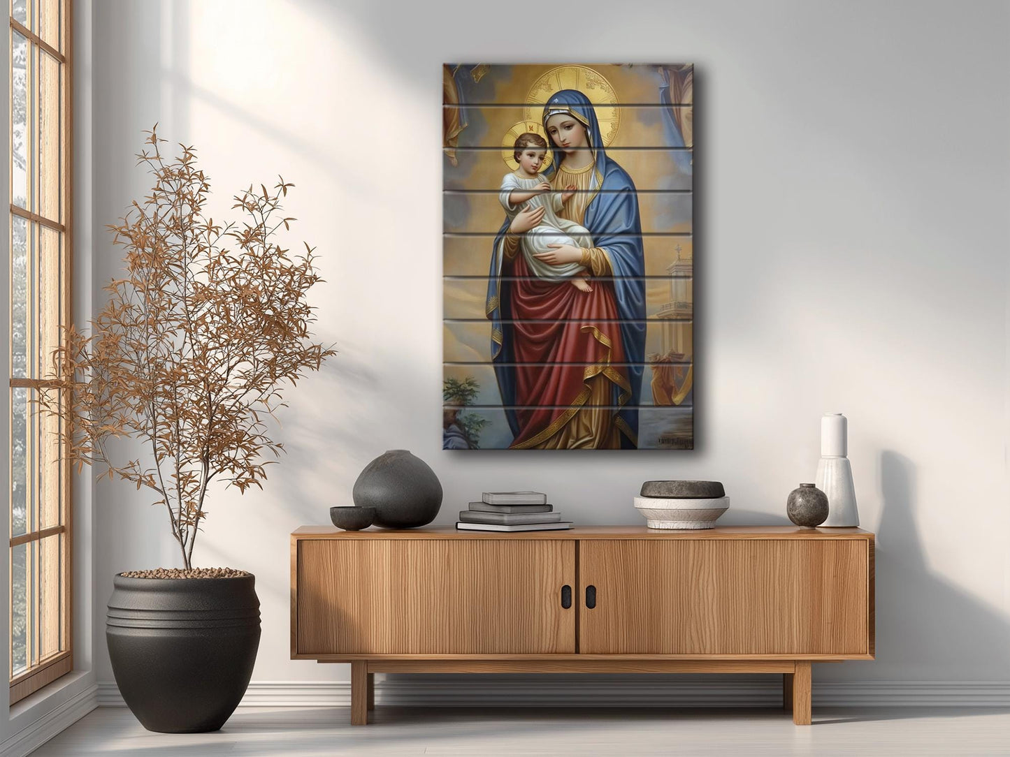 Virgin Mary Wall Art – Natural Wood Plank Art | Christian Wall Decor Print