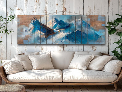 Bald Eagle Wall Art | Rustic Wood Wall Decor - Soaring Mountain Eagle Print