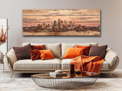 Kansas City Wood Print – Panoramic Skyline Painting on Distressed Wood Art