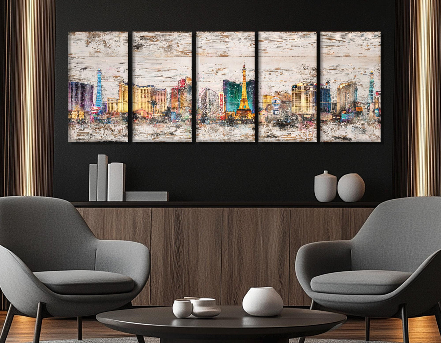 Las Vegas Canvas Print – Rustic Retro Panorama On Cotton Canvas | Framed & Ready to Hang