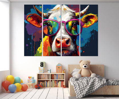 Cow in Glasses Canvas – Framed Cotton Gallery Wrapped Print | Kids Room Wall Art