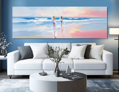 Surfer Girls Canvas Print – Large Pink Sunset Beach Canvas Decor | Ready to Hang