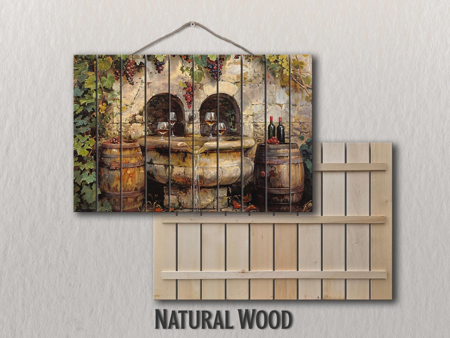 Rustic Wine Wall Art - Vintage Wine Barrels & Fountain Painting on Natural Wood