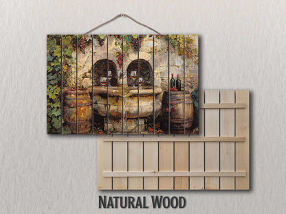 Rustic Wine Wall Art - Vintage Wine Barrels & Fountain Painting on Natural Wood
