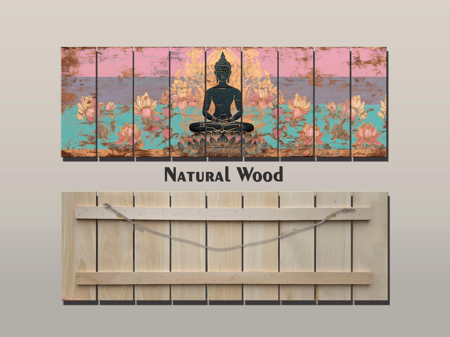 Wood Wall Art – Peaceful Buddha Silhouette with Lotus Flowers Print on Natural Wood, Buddhist Wall Decor, Buddha Painting, Buddhist Gift