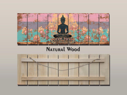 Wood Wall Art – Peaceful Buddha Silhouette with Lotus Flowers Print on Natural Wood, Buddhist Wall Decor, Buddha Painting, Buddhist Gift