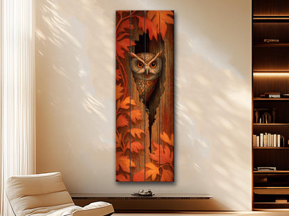 Curious Owl Peeking from a Hollow Tree with Autumn Leaves Print on Natural Wood, Vertical Autumn Painting, Wood Wall Art, Cozy Cabin Decor