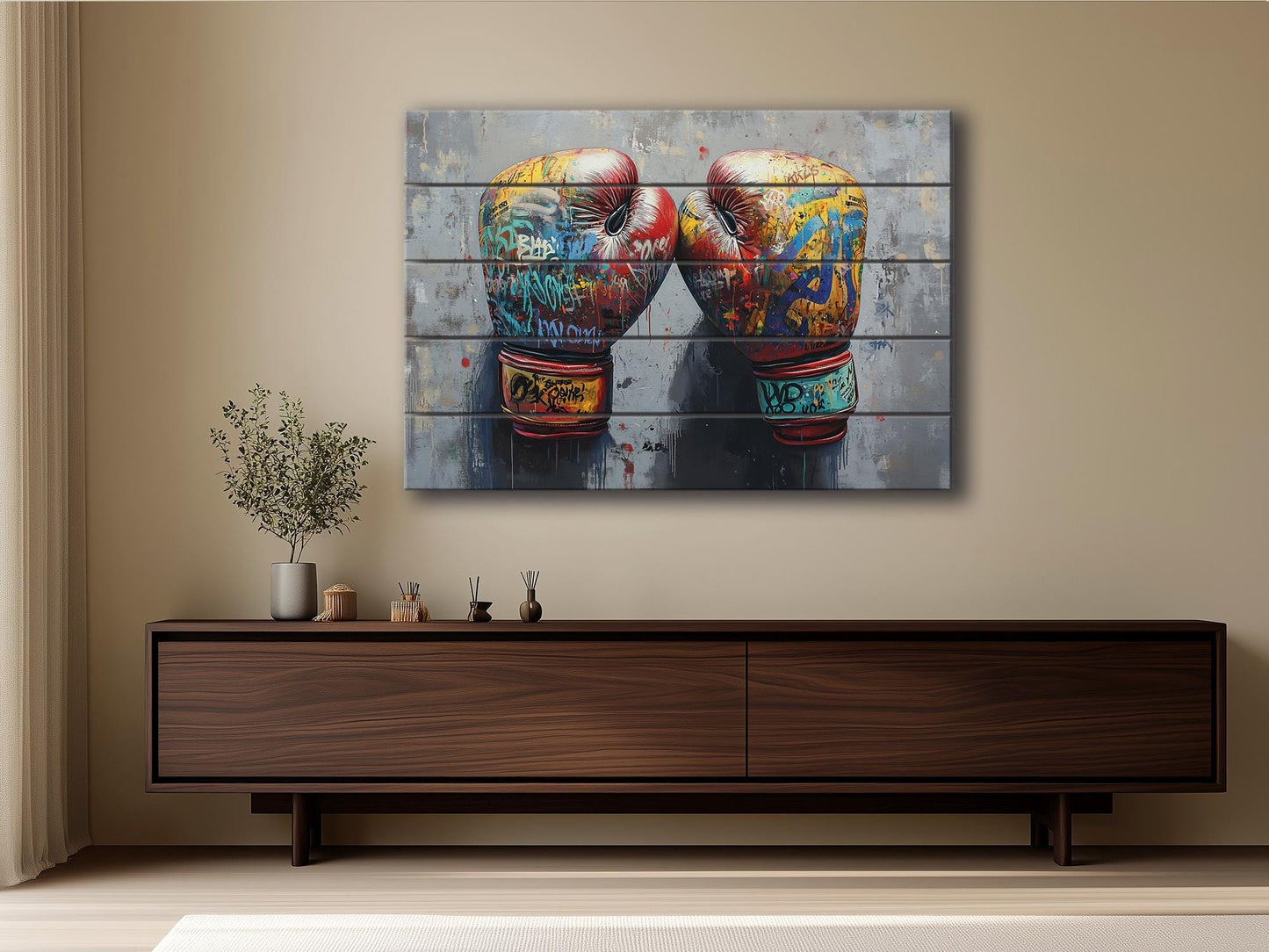 Abstract Boxing Gloves Print On Natural Wood - Sports Wall Art