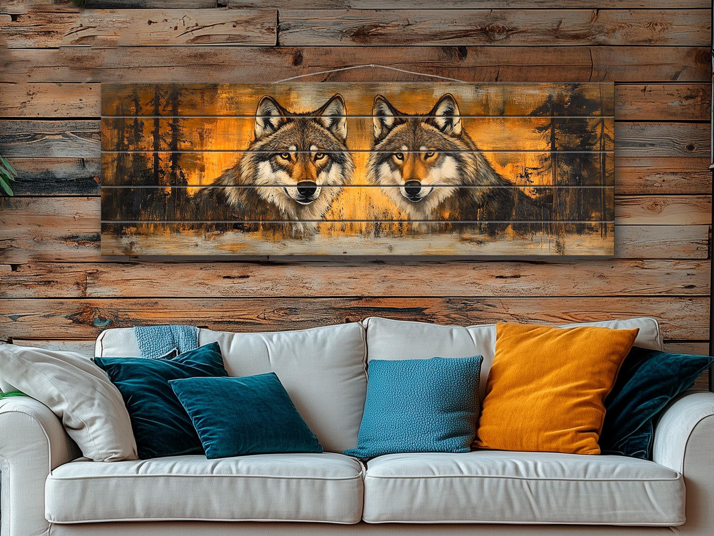 Rustic Wood Wall Art - Wolves Couple Art on Natural Wood Plank Painting