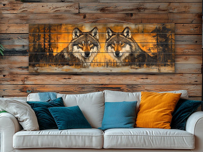 Rustic Wood Wall Art - Wolves Couple Art on Natural Wood Plank Painting