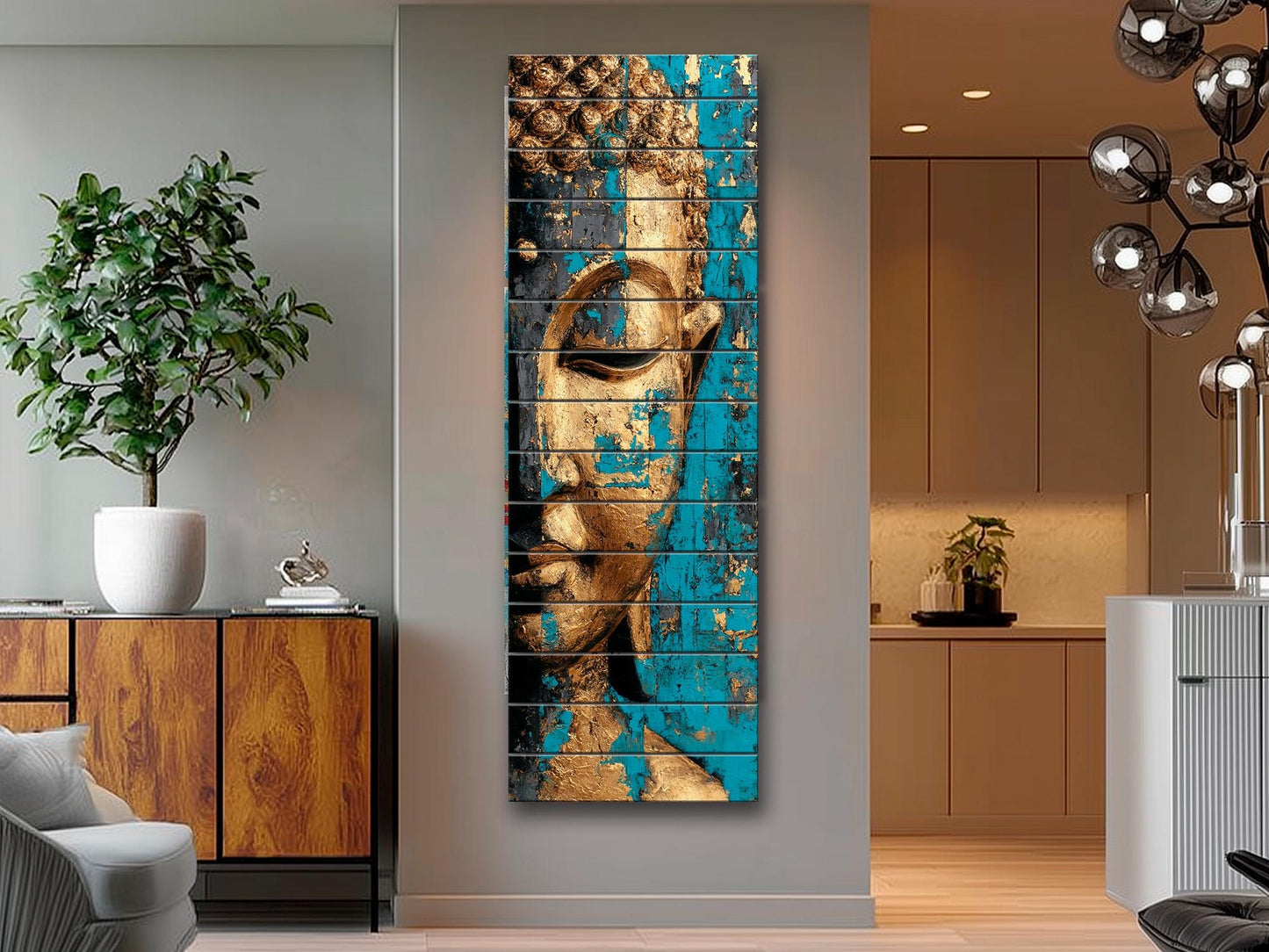 Golden Buddha Wall Art – Turquoise Blue Wooden Print | Rustic Spiritual Decor